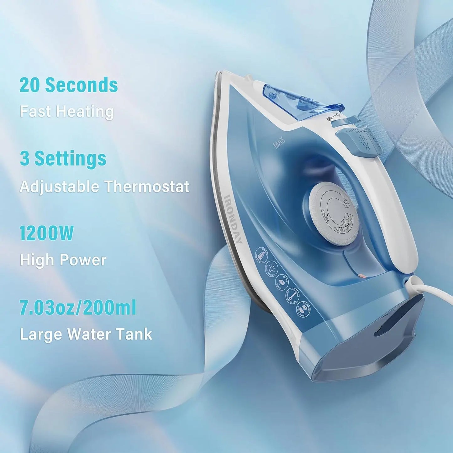 XMSJ Fast Heating 1200W Steam Iron With Nonstick Ceramic Soleplate