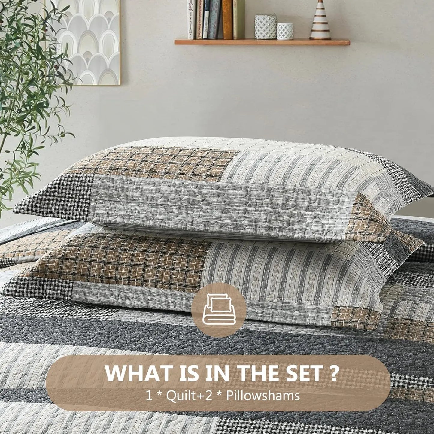 Cotton Patchwork Quilt Set With Reversible Plaid Design