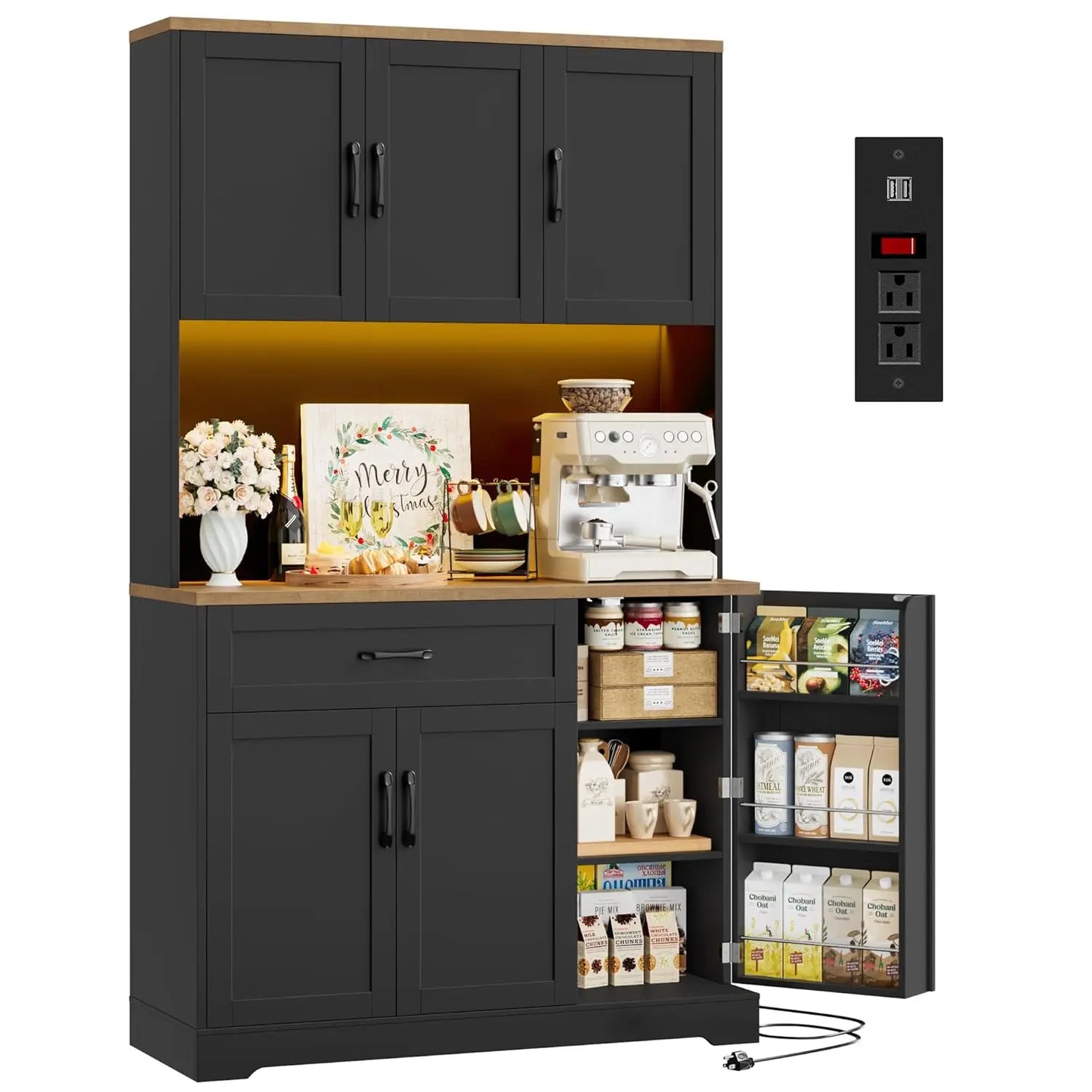 Guangbai LED Kitchen Pantry Cabinet With Power Outlet Microwave Stand
