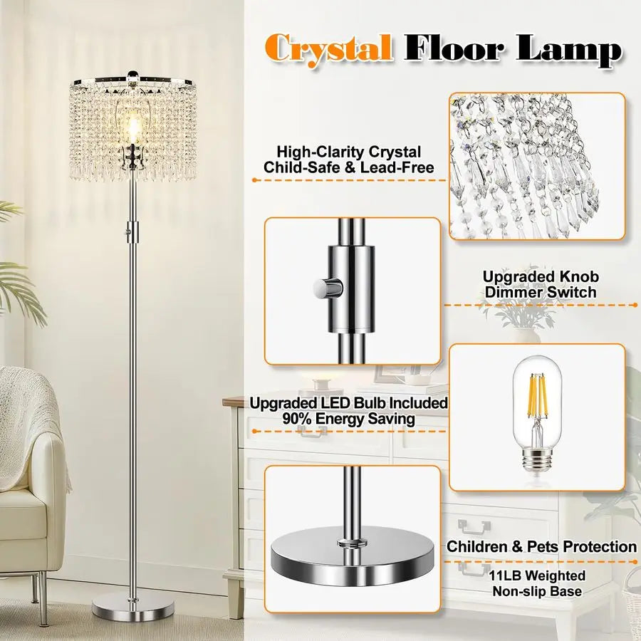 Crystal Dimmable Floor Lamp For Living Room With Knob Switch