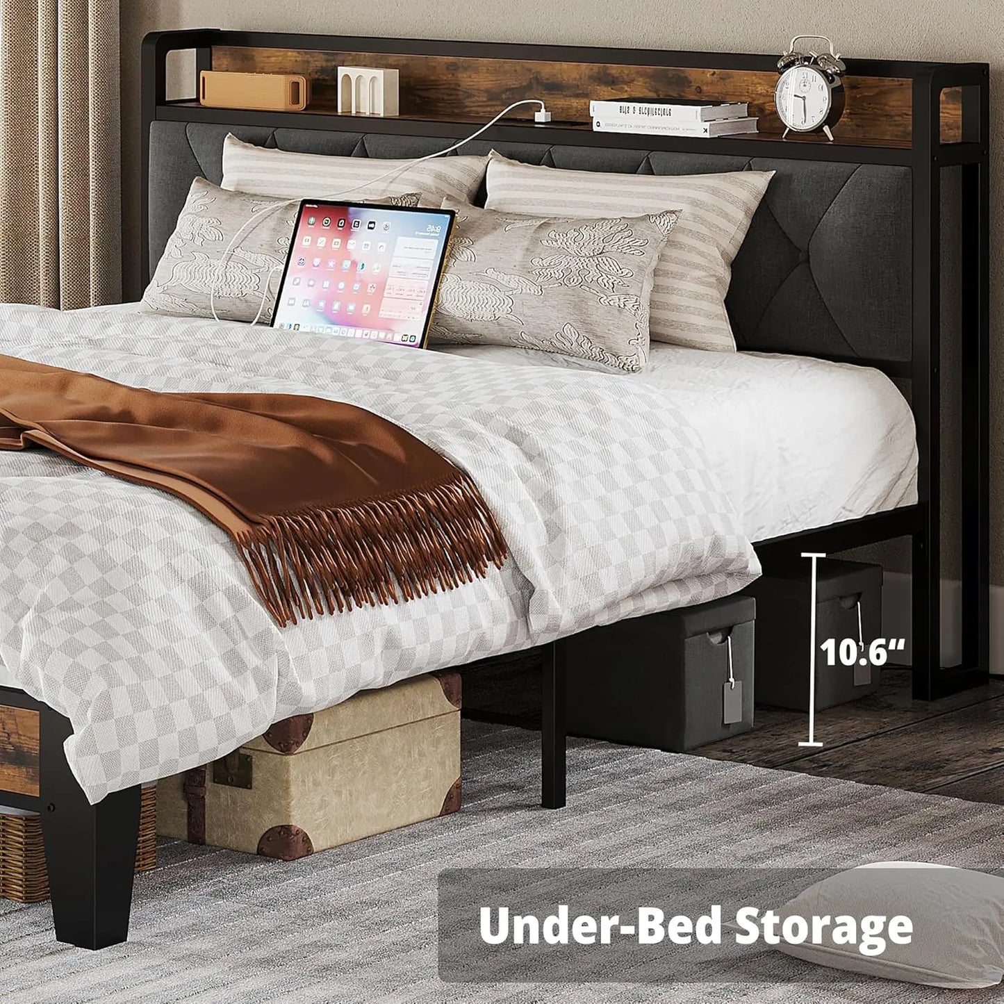 ANCTOR Storage Headboard Bed Frame With Outlets No Noise