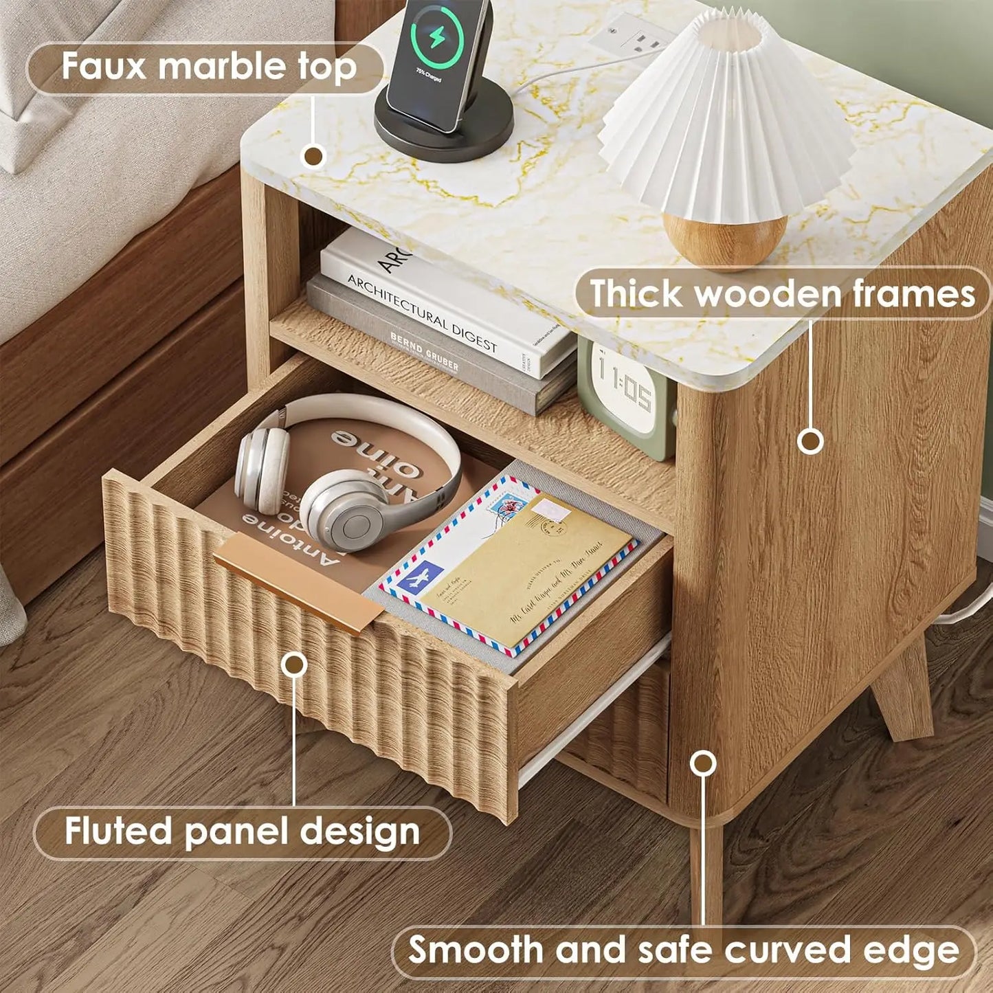 XMSJ Fluted Nightstand With Charging Station Bedside Table