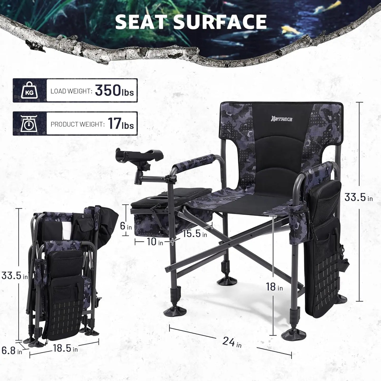 Heated Folding Fishing Chair With Rod Holder And Cooler Bag For Outdoor Use