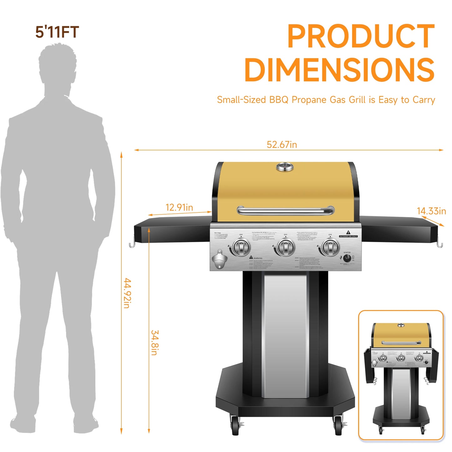 Propane 3-Burner Gas Grill With Warming Rack 30,000 BTU