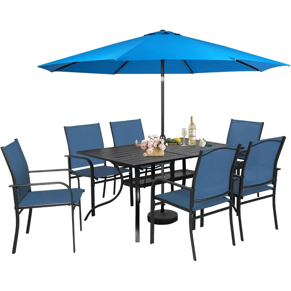 8 Piece Patio Dining Set With Umbrella And Textilene Chairs