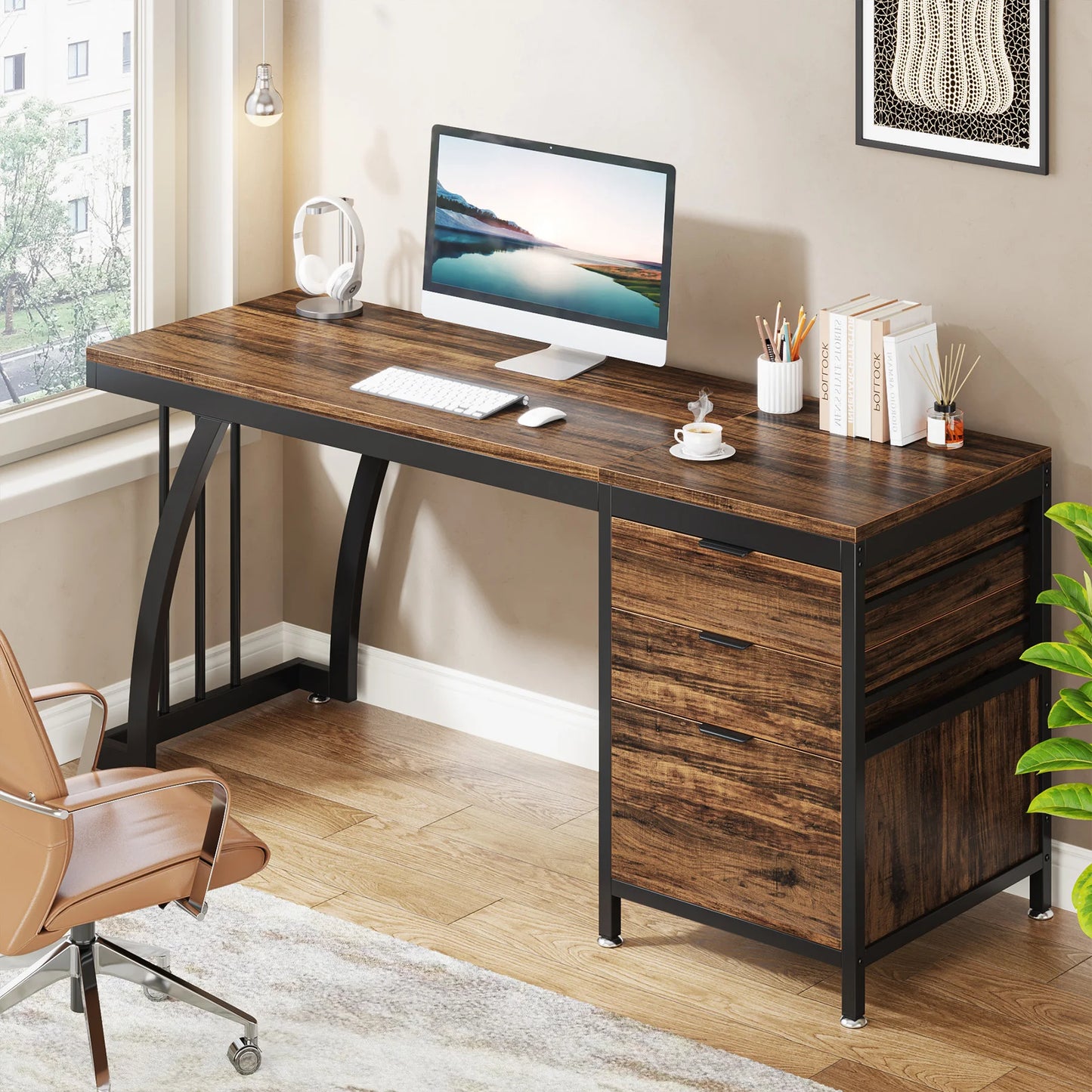 Tribesigns Computer Desk With Three Drawer Reversible Design For Study