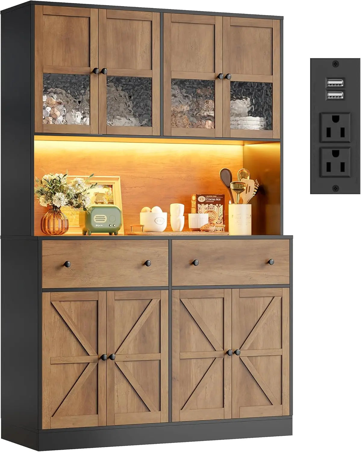 Pantry Cabinet With LED Lighting And Charging Station Microwave Mount