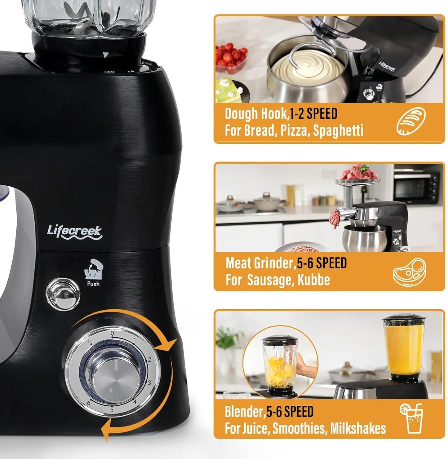 3-in-1 Multifunctional Stand Mixer, 5.3Qt 660W, 6-Speed Tilt-head with Stainless Steel Bowl, Meat Grinder, Juice Blender