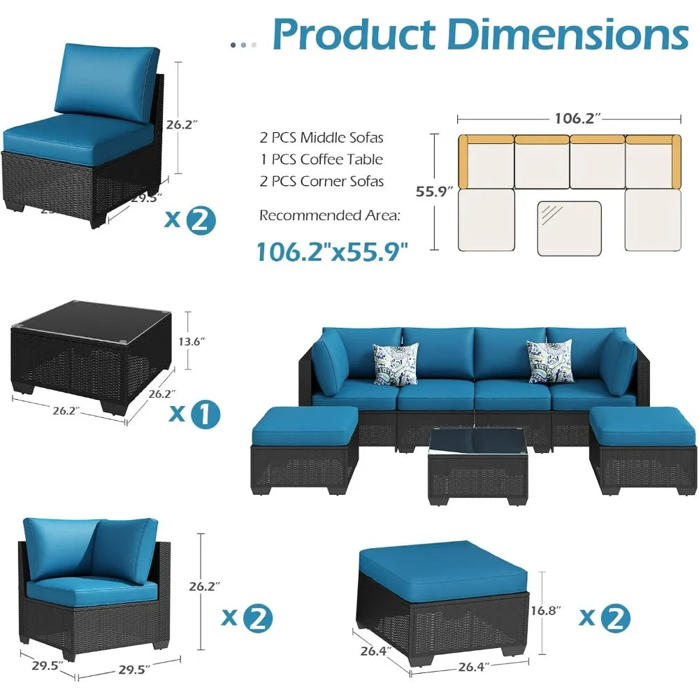 7 Piece Outdoor Patio Furniture Set PE Rattan Wicker With Cushions And Tea Table