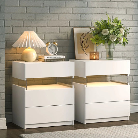 Cubehom Bedside Tables 2 Pack With Modern LED Lighting