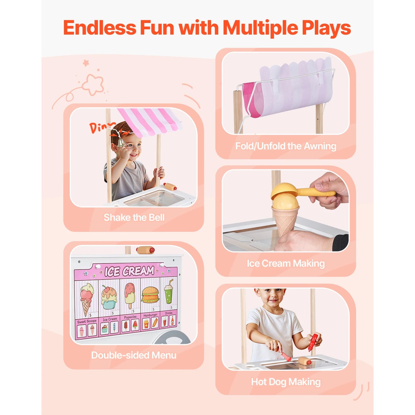 SucceBuy Kids Ice Cream Cart Playset With 20+ Accessories