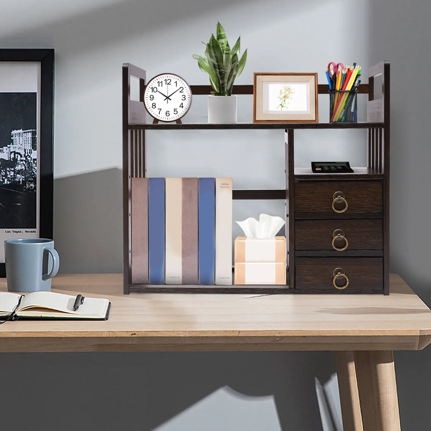 Bymaocar Bamboo Desktop Bookshelf Organizer With 3 Drawers