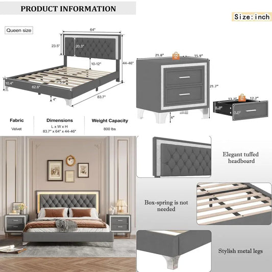 3 Piece Farmhouse Bedroom Set With LED Lights Platform Bed