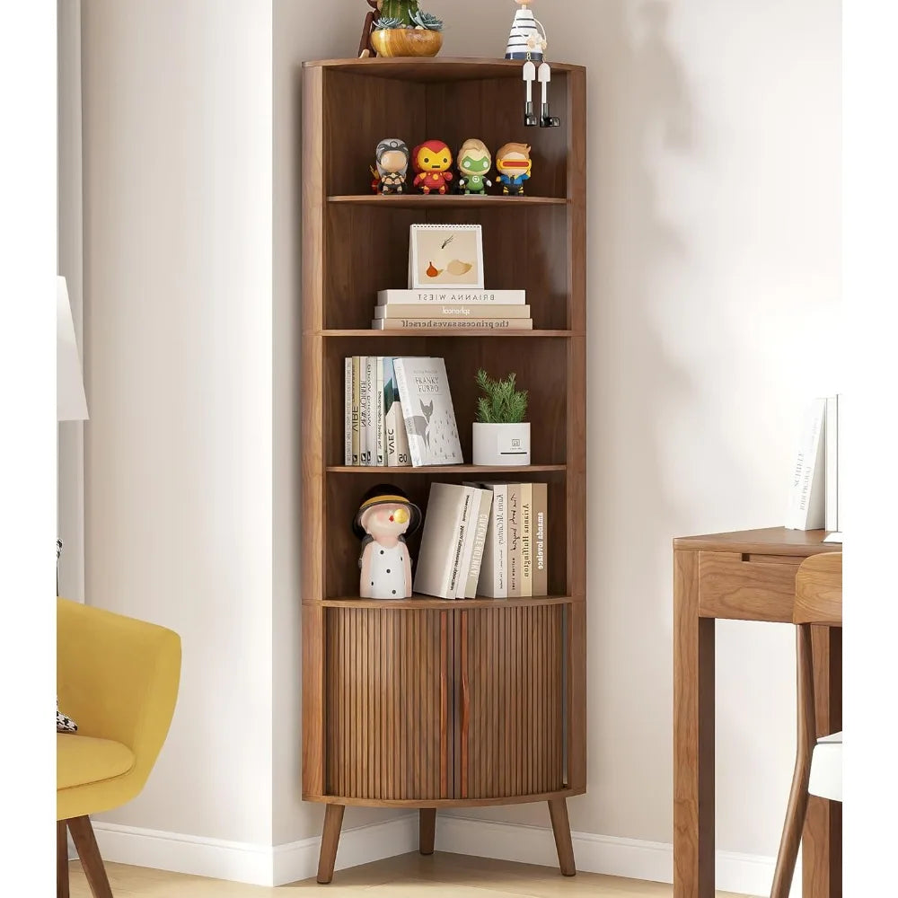 Modern 5-Tier Corner Shelf Bookcase With Fluted Doors