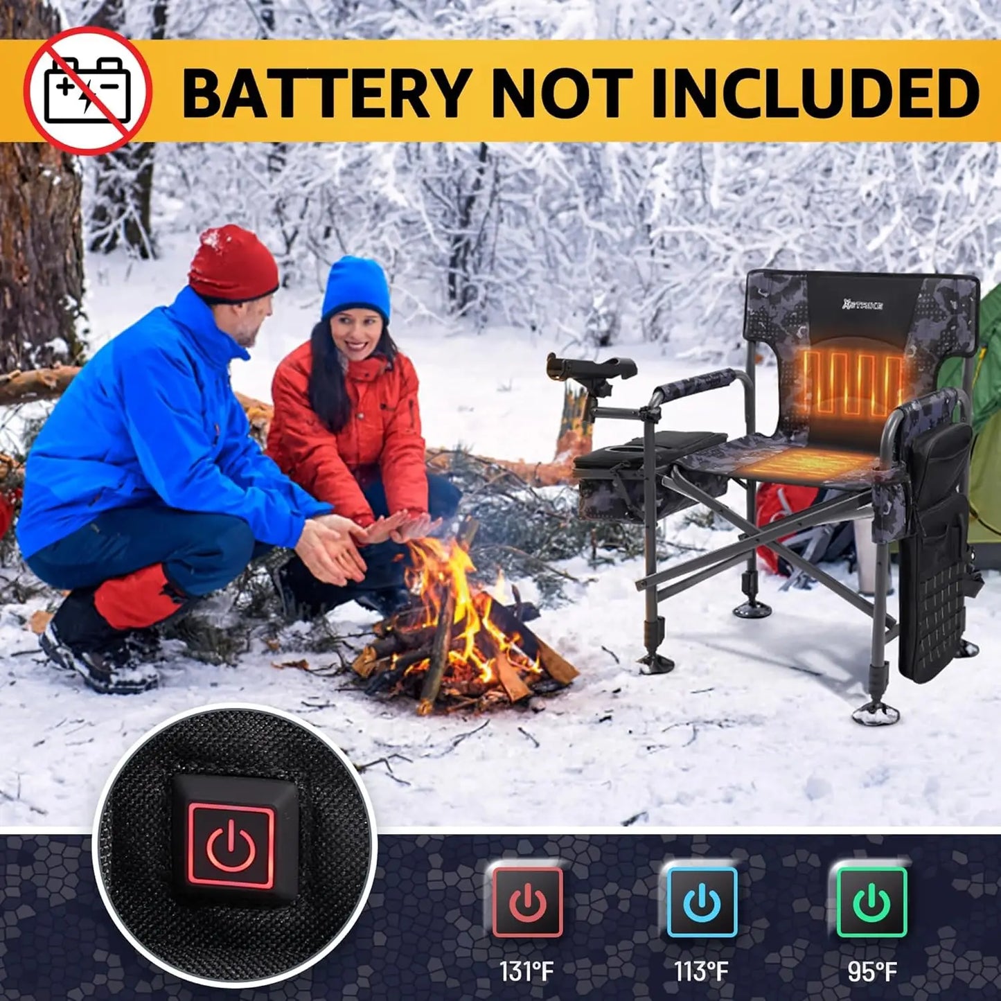 Heated Folding Fishing Chair With Rod Holder And Cooler Bag For Outdoor Use