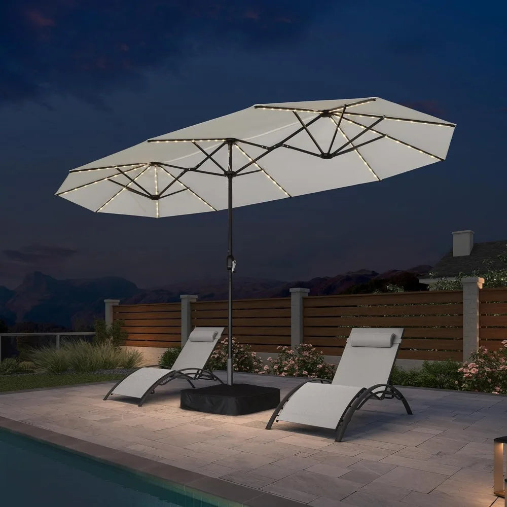 Patio Market Umbrella With Solar LED Base Crank Outdoor