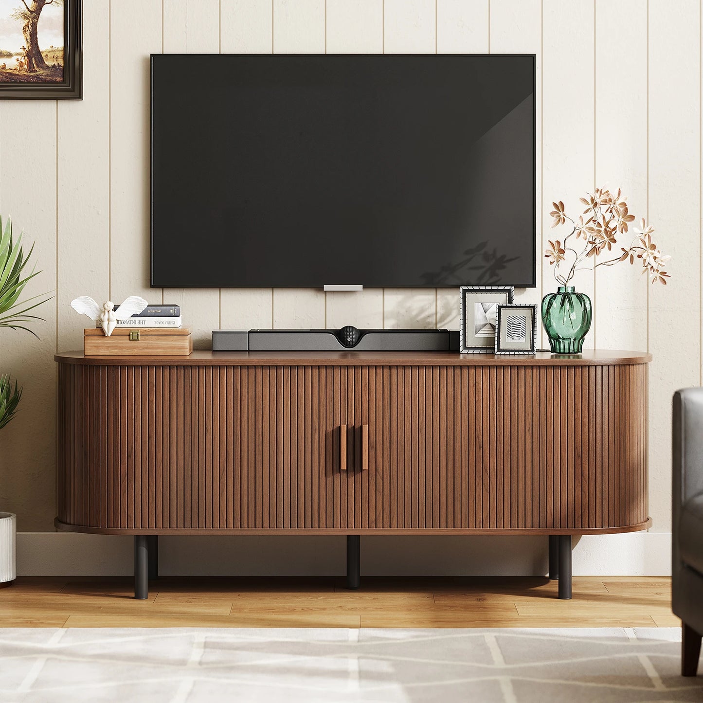 ONBRILL TV Stand With Power Outlet And Sliding Door Storage