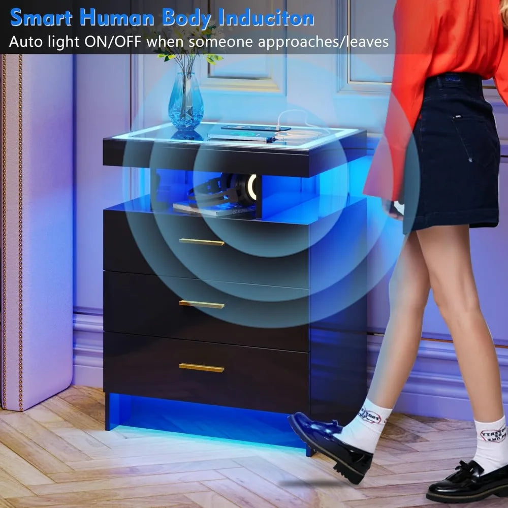 2 Pack Nightstands With Wireless Charging Auto Sensor LED