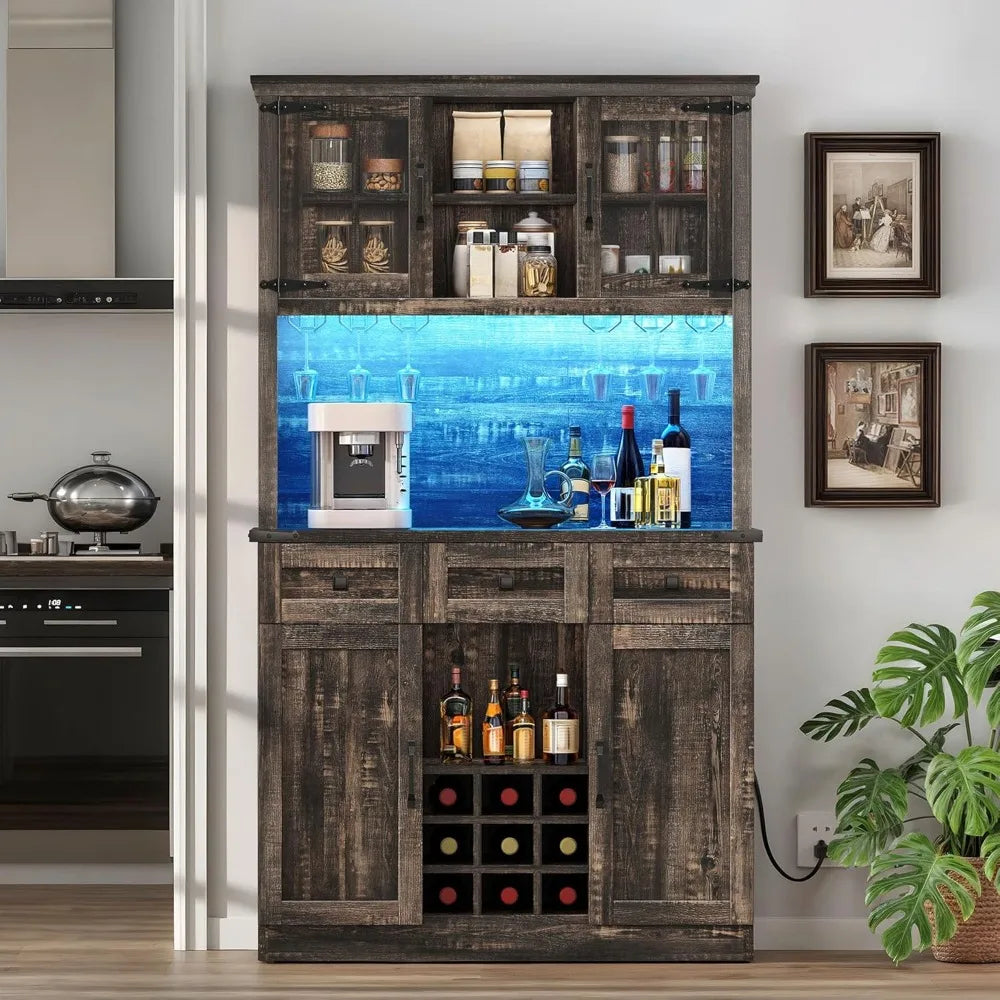 Farmhouse Coffee Bar Cabinet With Power Outlet And Led Lights