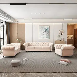 DAFIFY Velvet Chesterfield 3-Piece Living Room Set With Scroll Arms