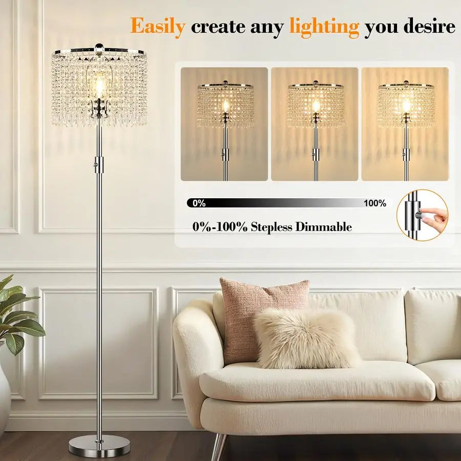 Crystal Dimmable Floor Lamp For Living Room With Knob Switch