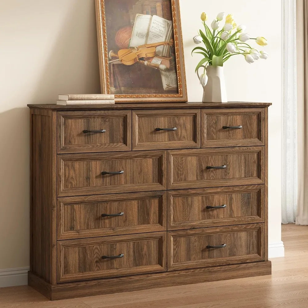 Nine Drawer Dresser And TV Stand In Modern Walnut Finish