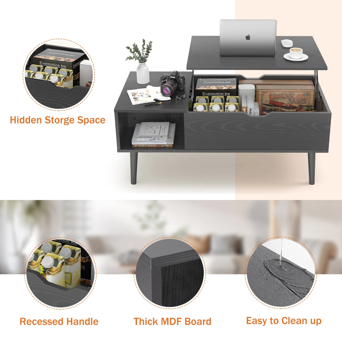 JHK Lift Top Coffee Table With Storage For Living Room