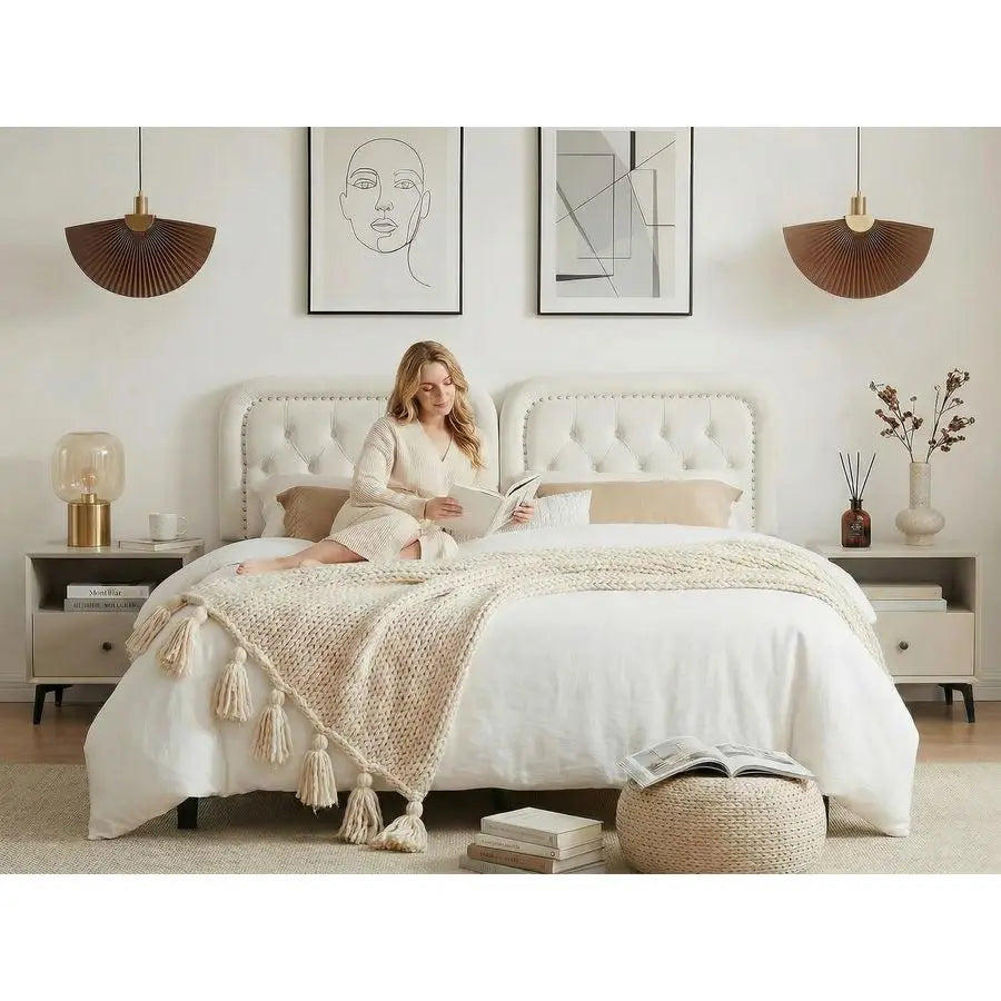 Upholstered Button Tufted Solid Wood Headboard With Adjustable Height