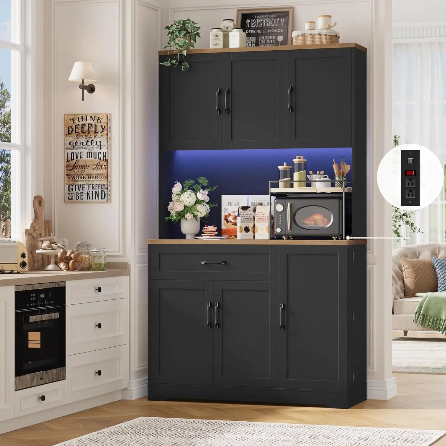 Guangbai LED Kitchen Pantry Cabinet With Power Outlet Microwave Stand