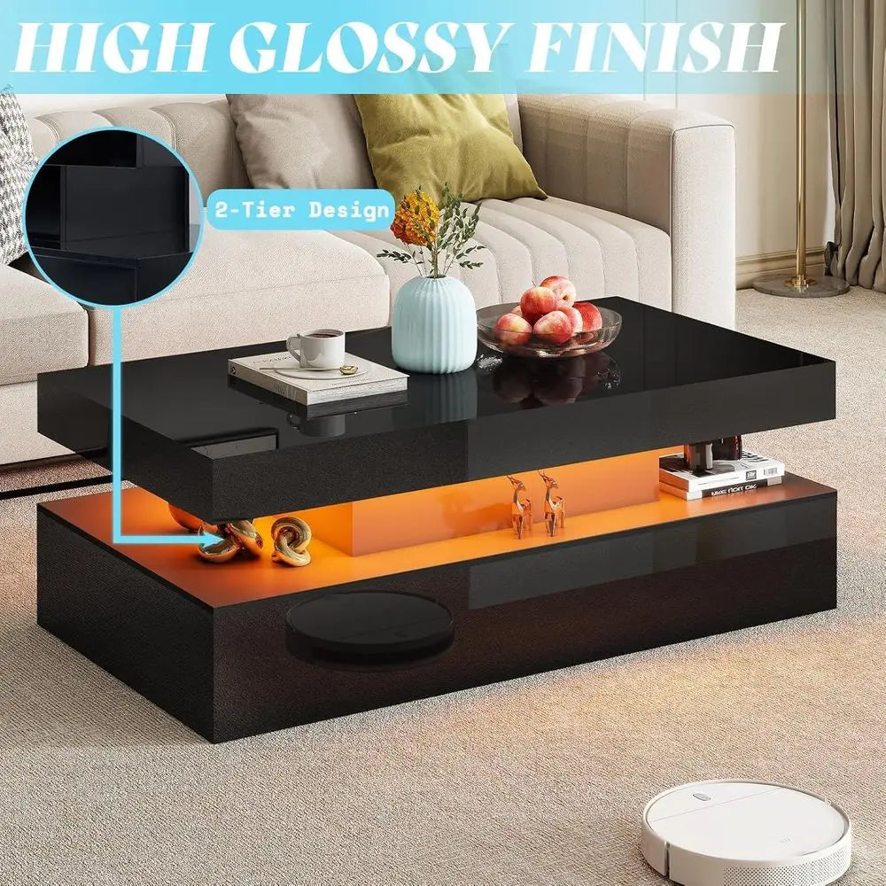Glossy Living Room Table Set With LED Coffee Table And Charging Nightstands