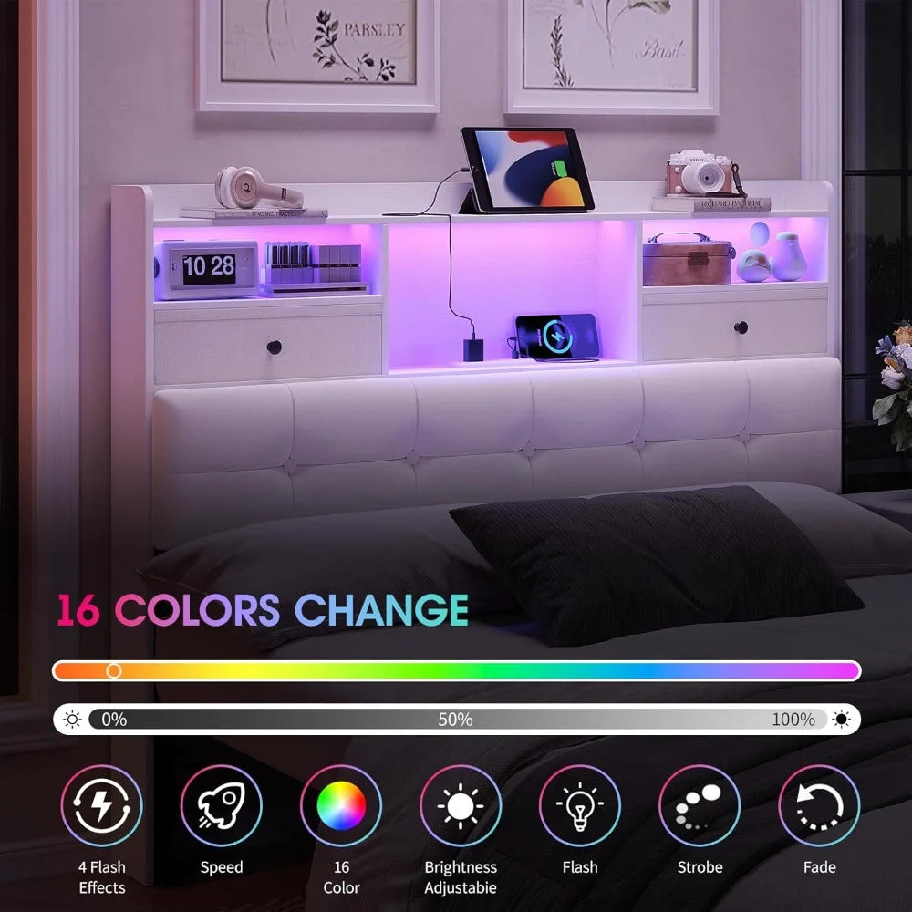 Headboard With Storage And Two Drawers, LED Lights, Upholstered