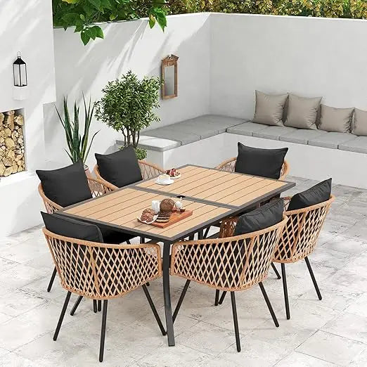 All-Weather Rattan Patio Dining Set With Wood Table Top And Cushions