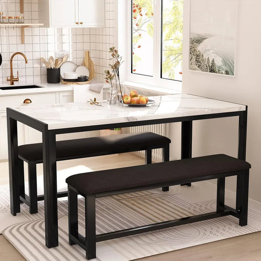 Dining Table Set With Benches Faux Marble PU Modern Style