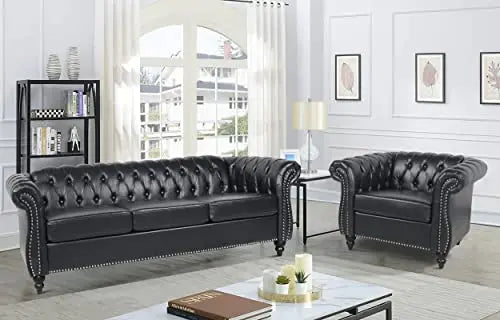Modern Tufted Faux Leather Living Room Sofa Set With Button Nailhead Scroll Arms