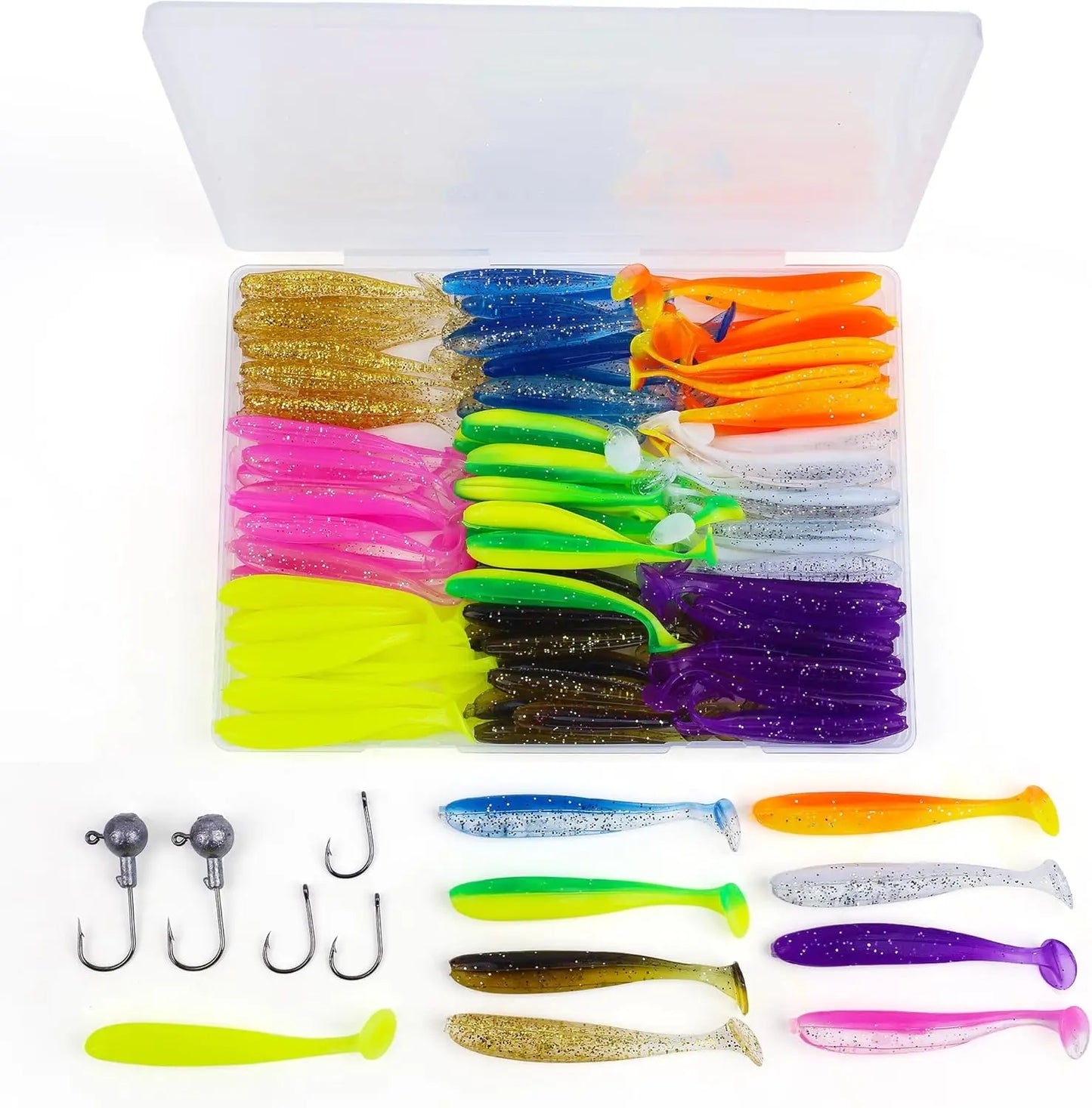 Soft Fishing Lures Kit 90pcs Paddle Tail Swimbaits With Hooks