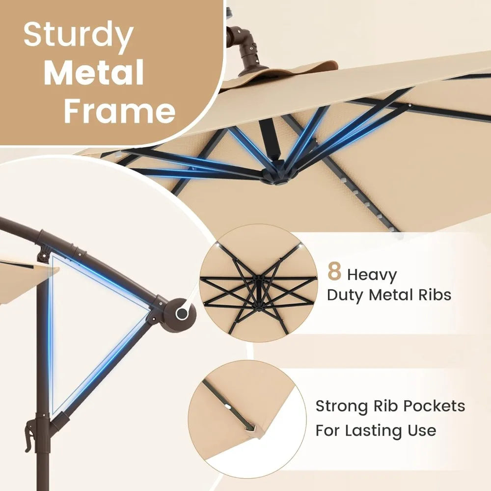 Offset Patio Umbrella Cantilever With Base Included Tilt And Solar LED Lights