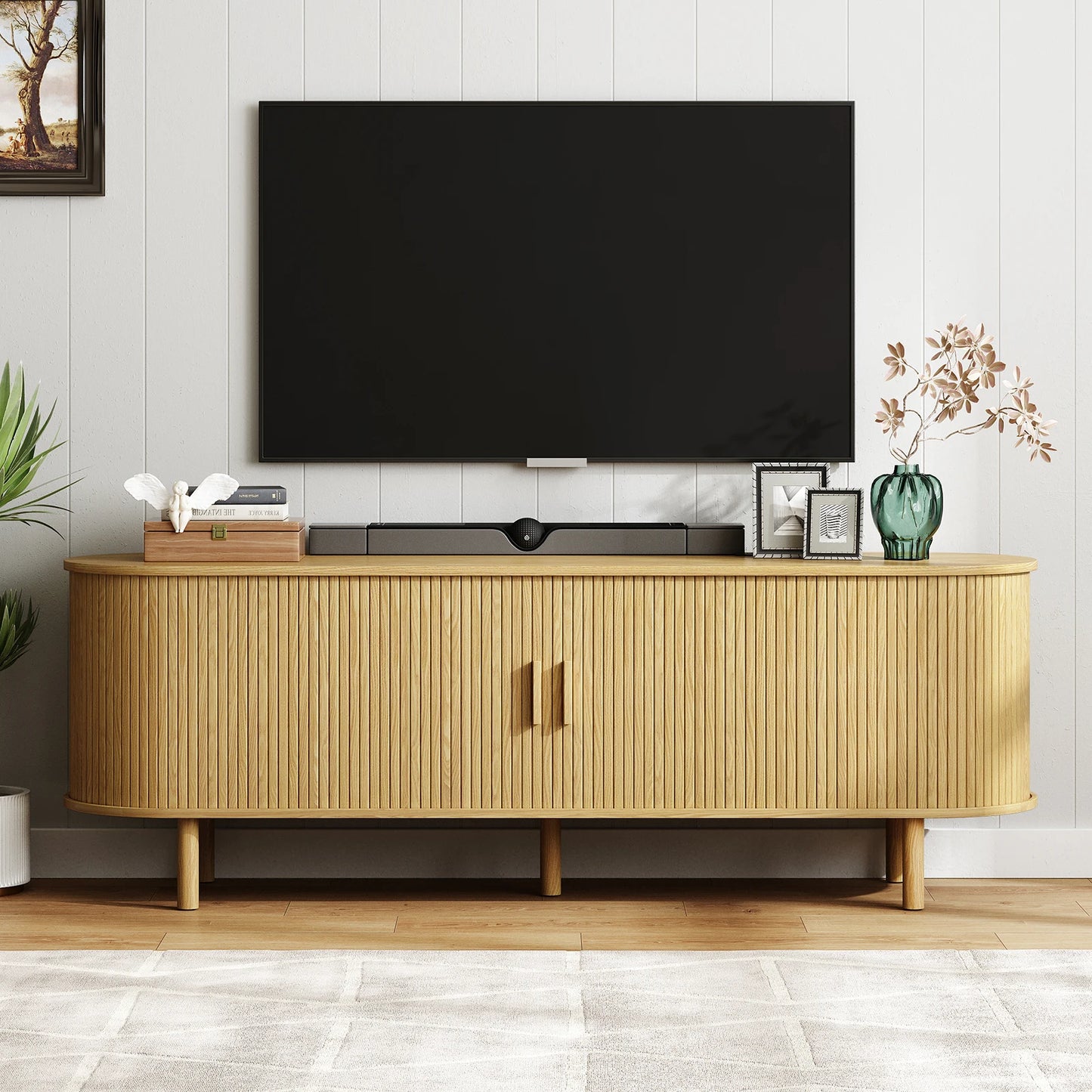 ONBRILL TV Stand With Power Outlet And Sliding Door Storage
