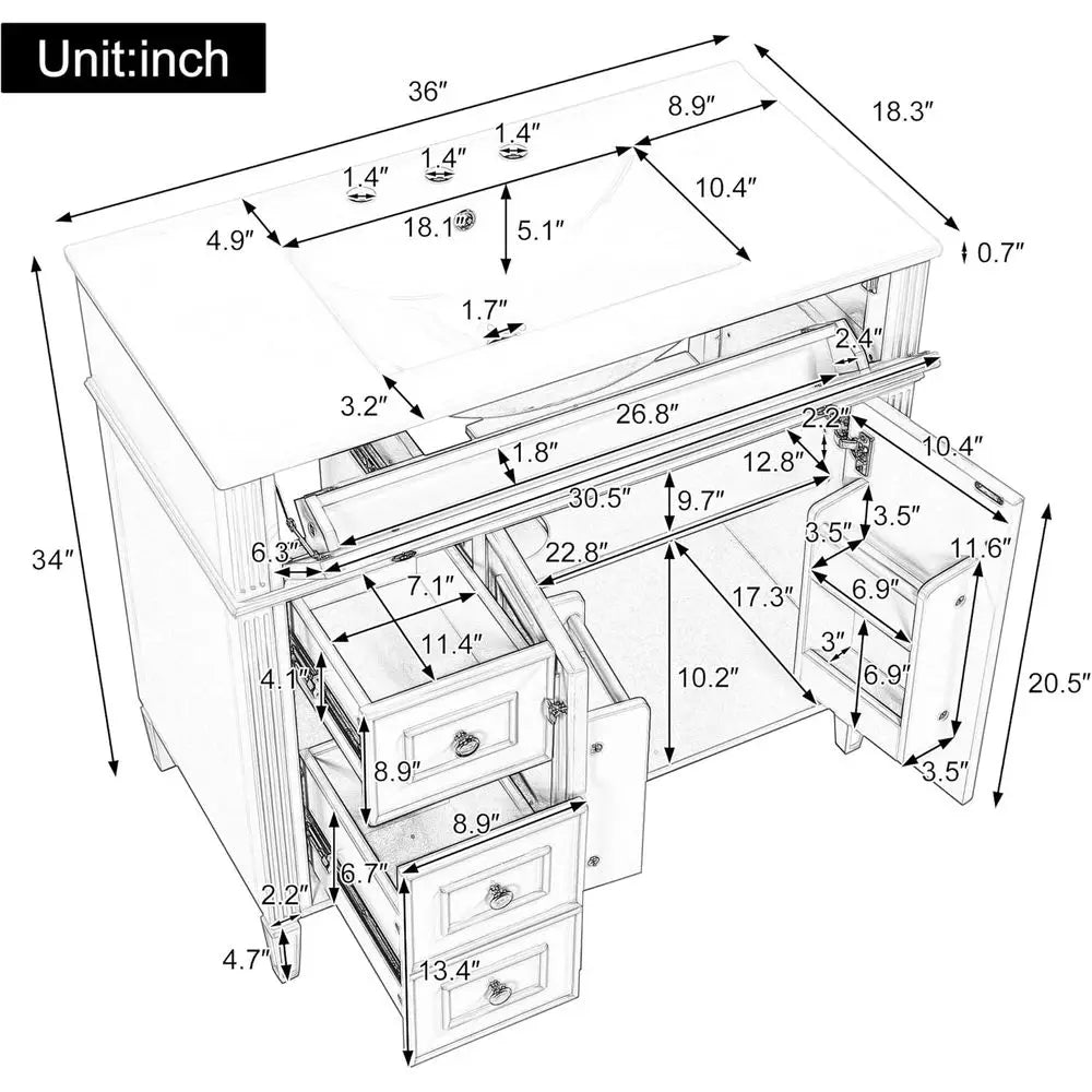 Bathroom Vanity Cabinet With Ceramic Countertop Sink Set Solid Wood Frame