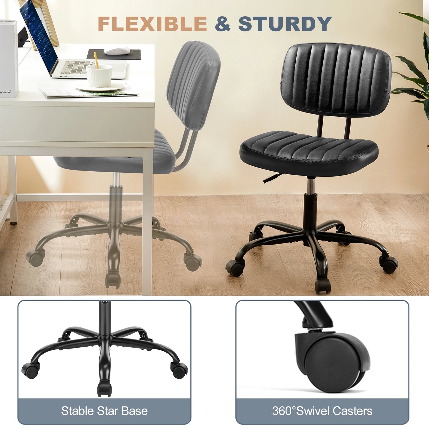 JHK Armless Office Chair With Lumbar Support Adjustable PU Leather
