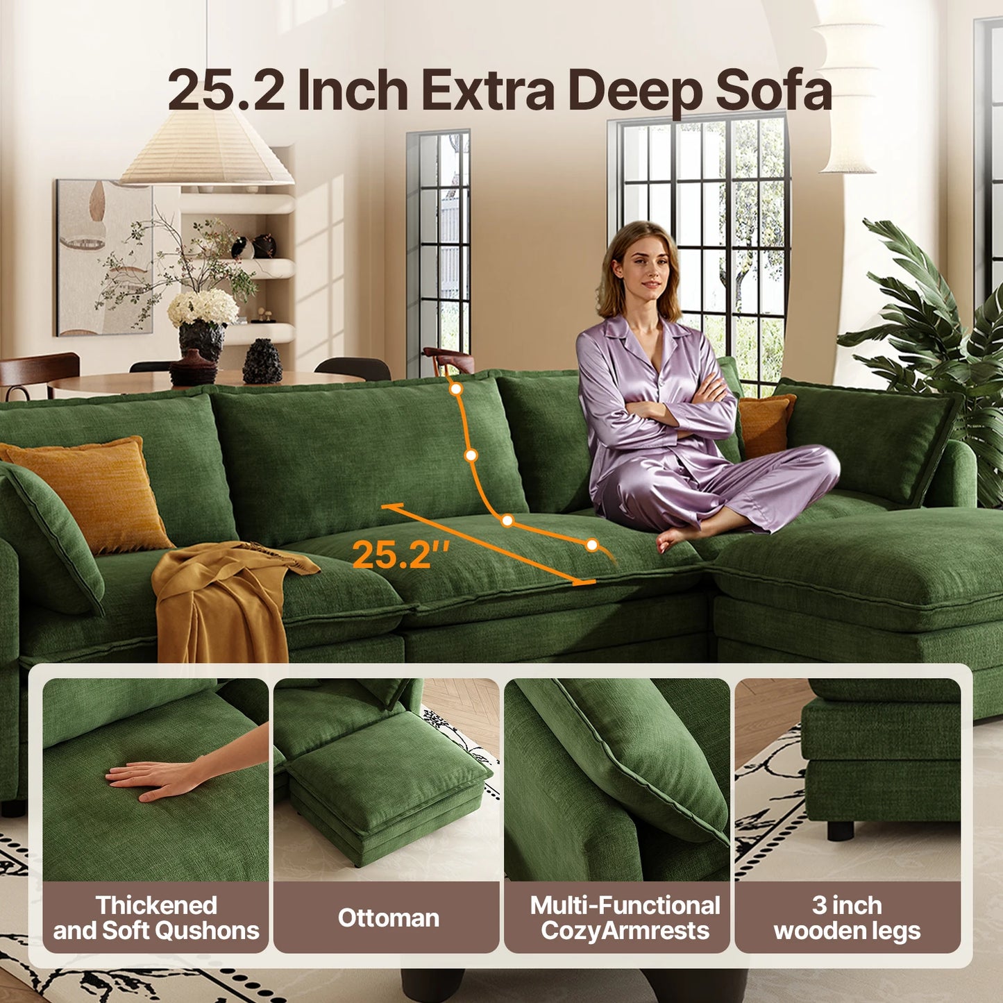 QWCCN L Shaped Modern Sofa Modular Sectional Couch With Ottoman