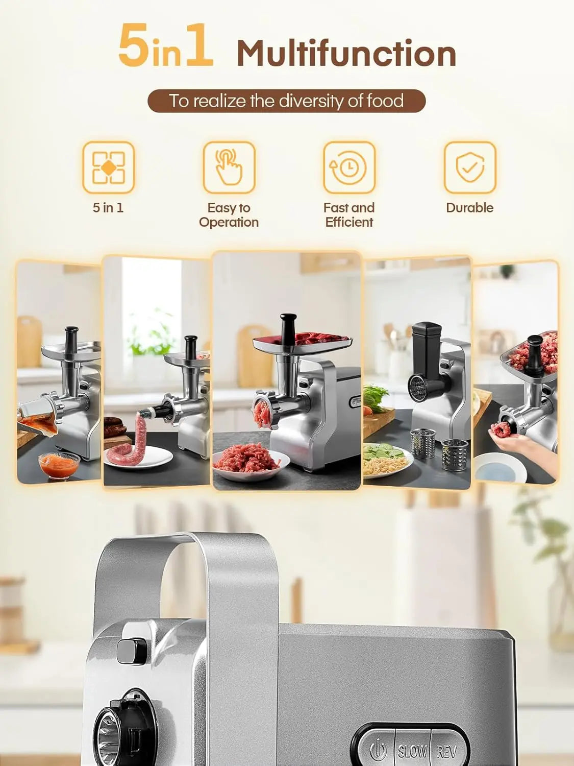 Heavy Duty 5 In 1 Electric Meat Grinder 3000W Max Power Sausage Stuffer