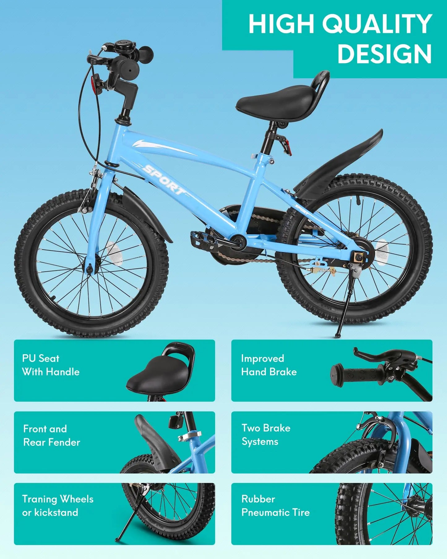 Kids Bike With Training Wheels Dual Handbrake Adjustable Handlebar Kickstand
