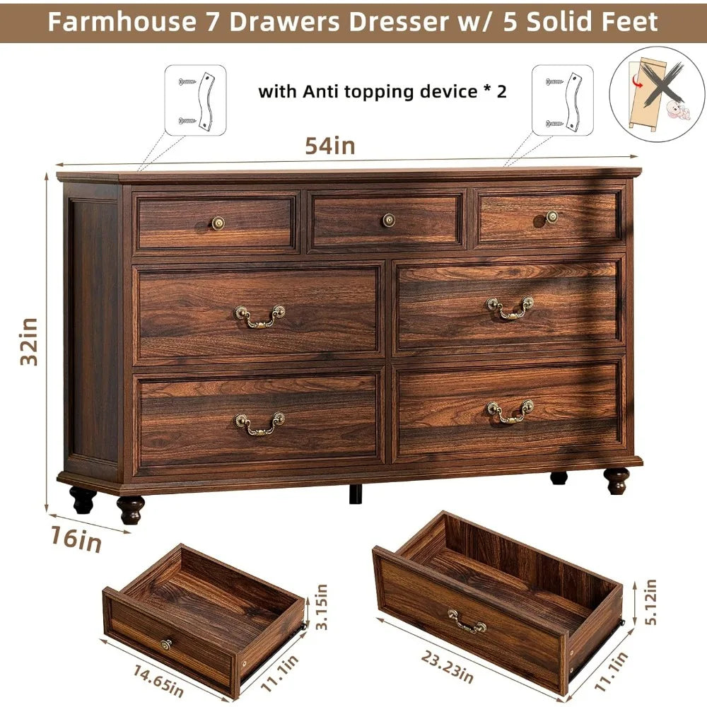 MKDK Farmhouse Dresser And Nightstand Set 3 Piece Collection