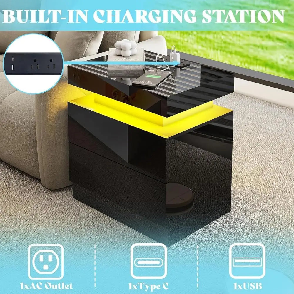 Glossy Living Room Table Set With LED Coffee Table And Charging Nightstands