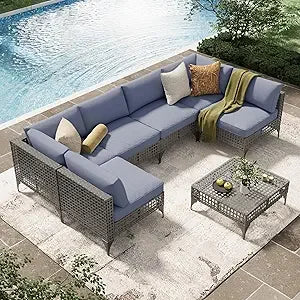 7 Piece Outdoor Patio Furniture Set PE Rattan Wicker With Cushions And Tea Table