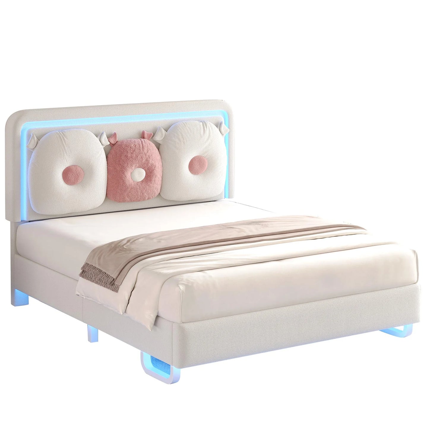 Upholstered Bed Frame With LED Lights And Adjustable Headboard