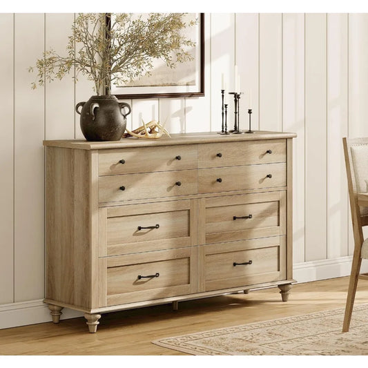 Eight Drawer Farmhouse Wood Dresser for Bedroom and Kids Room