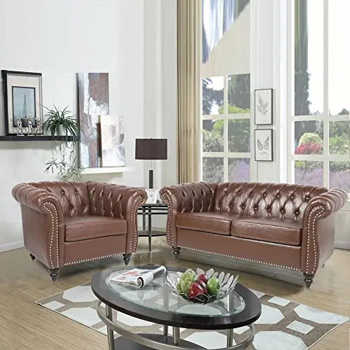 Modern Tufted Faux Leather Living Room Sofa Set With Button Nailhead Scroll Arms