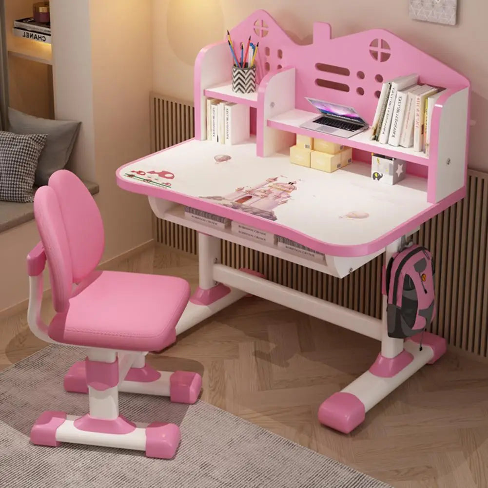 Diowewea Kids Desk Chair Set With Adjustable Height And Cartoon Bookstand