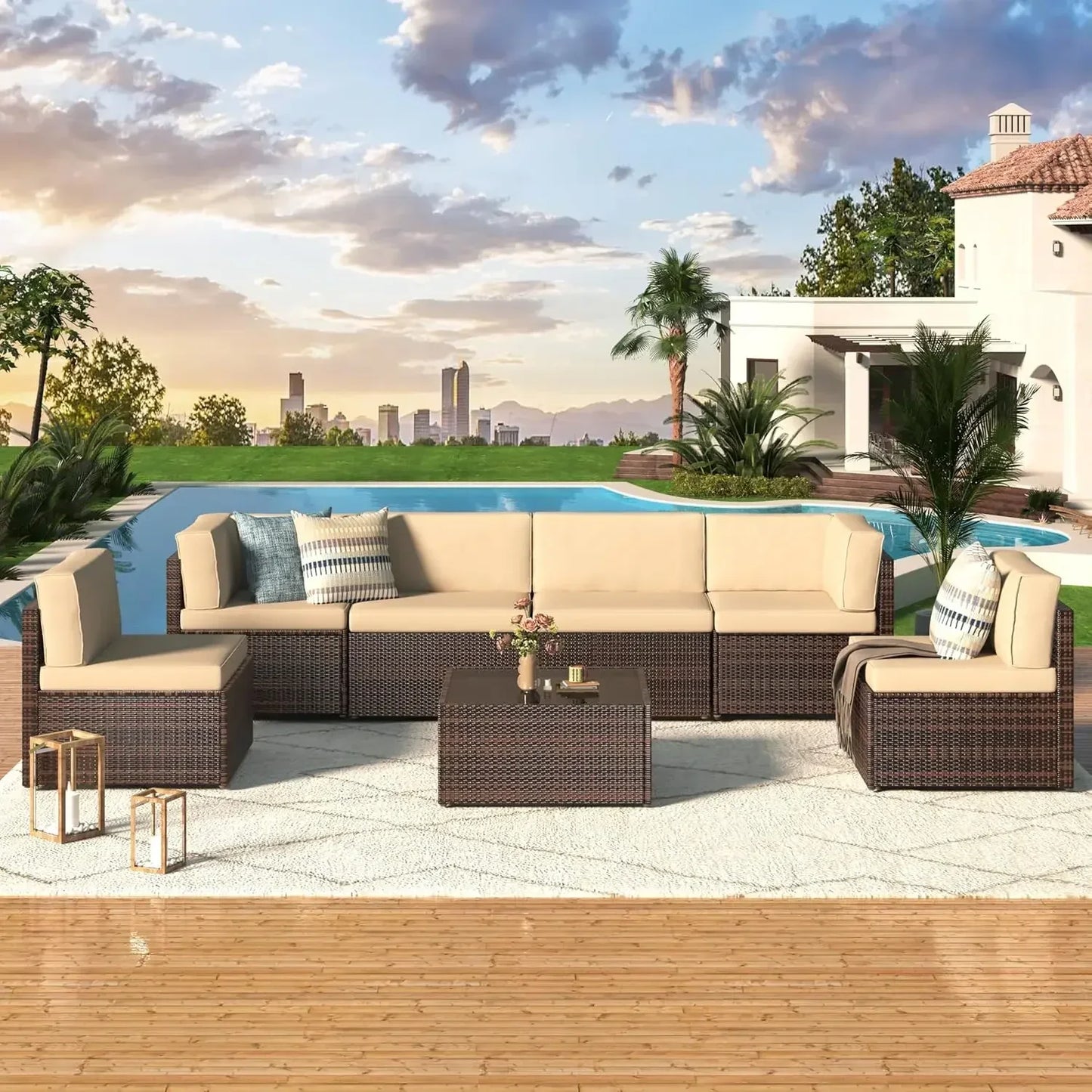 Modern Rattan Outdoor Patio Sectional Furniture Set With Cushions